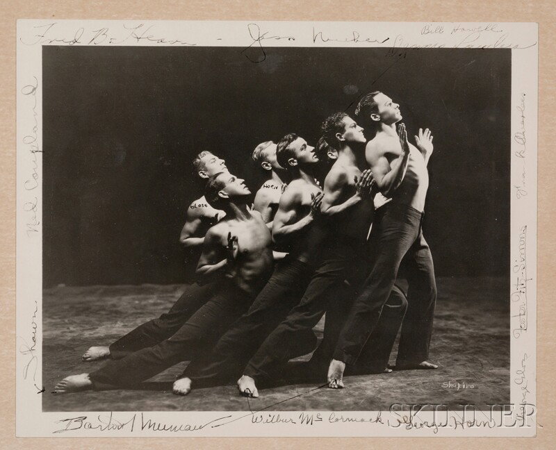 Shapiro Studios (American, 20th Century), Ted Shawn and His Men Dancers, Jacob's Pillow, c. 1939, Un: Shapiro Studios (American, 20th Century) Ted Shawn and His Men Dancers, Jacob's Pillow, c. 1939 Unsigned, inscribed "Shapiro" within the matrix l.r., autographed with players' names. Gelatin