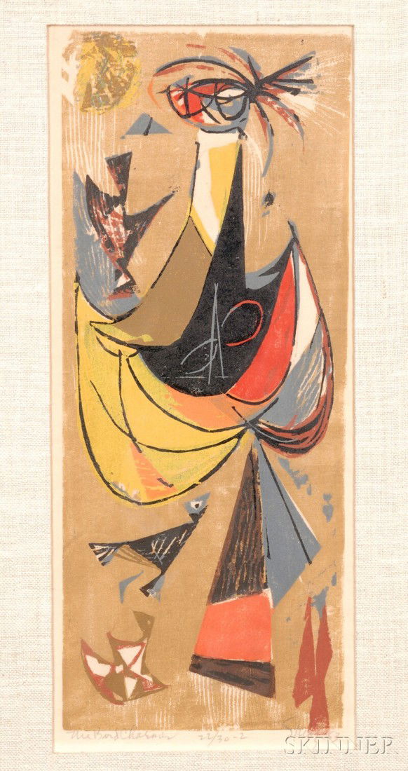 Seong Moy (Chinese/American, b.1921) The Bird Charmer Signed and dated "SMoy -53" l.r., titled and n: Seong Moy (Chinese/American, b.1921) The Bird Charmer Signed and dated "SMoy -53" l.r., titled and numbered "...22/30-2" l.l. Woodblock print on paper, sight size 15 1/2 x 6 1/2 in., framed.