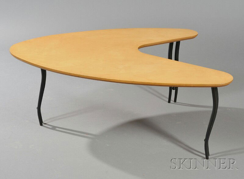 , Modern Coffee Table, Natural wood and metal, Boomerang-shaped top on three pairs of curved metal l: Modern Coffee Table Natural wood and metal United States Boomerang-shaped top on three pairs of curved metal legs, ht. 16, dia. 110 in.