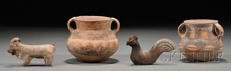 Four Early Pottery Pieces, China, two decorated Ne: Four Early Pottery Pieces, China, two decorated Neolithic handled beakers, and a Han-type rooster and goat.