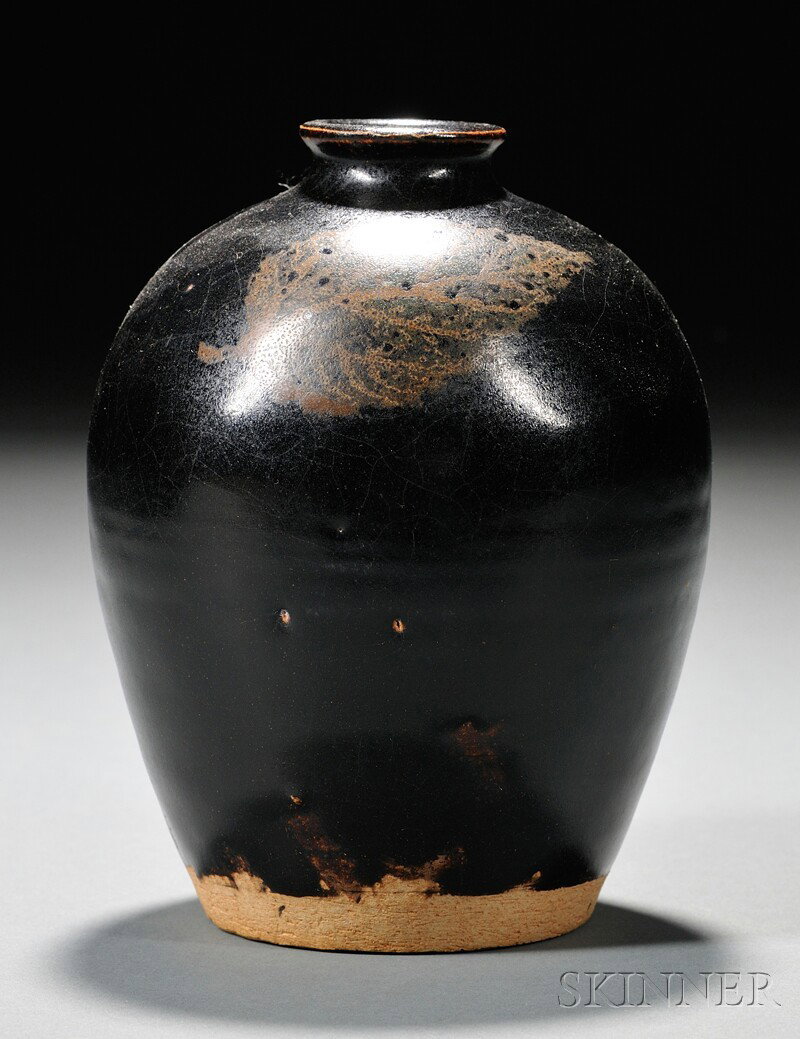 Stoneware Bottle, China, possibly Sung period (967: Stoneware Bottle, China, possibly Sung period (967-1279), ovoid shape, dark brown glaze with single leaf resist, ht. 5 1/2 in.