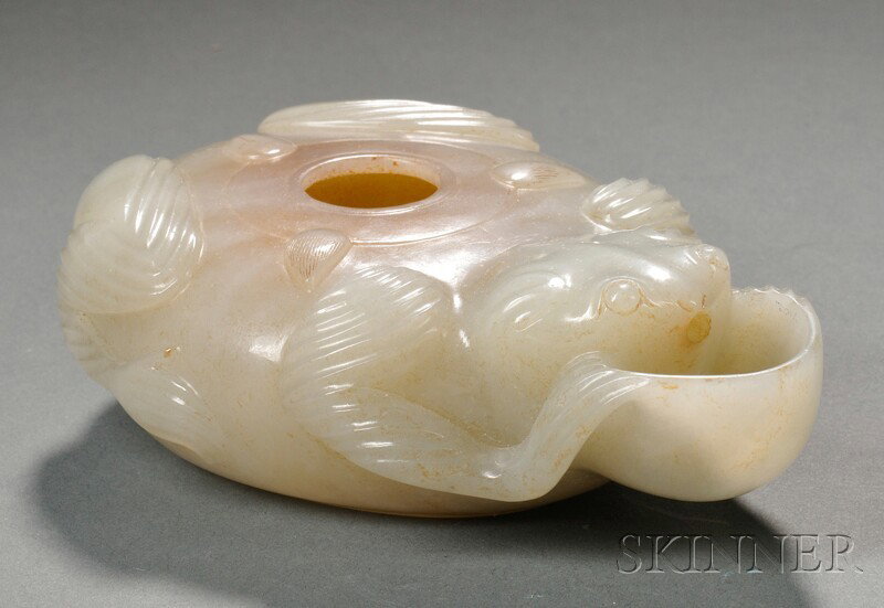 Jade Water Dropper, China, carved in the shape of : Jade Water Dropper, China, carved in the shape of a frog drinking from a small bowl, the stone of gray-white color, 4 5/8 x 3 in.