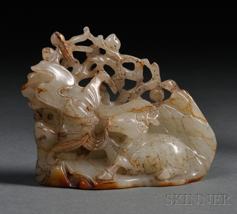 Jade Carving, China, Liao dynasty (916-1125), carv: Jade Carving, China, Liao dynasty (916-1125), carved in relief and openwork with a mythical animal and bats in a landscape with peach trees, the stone of gray-white color, ht. 2 1/2, lg. 3 5/8 in.