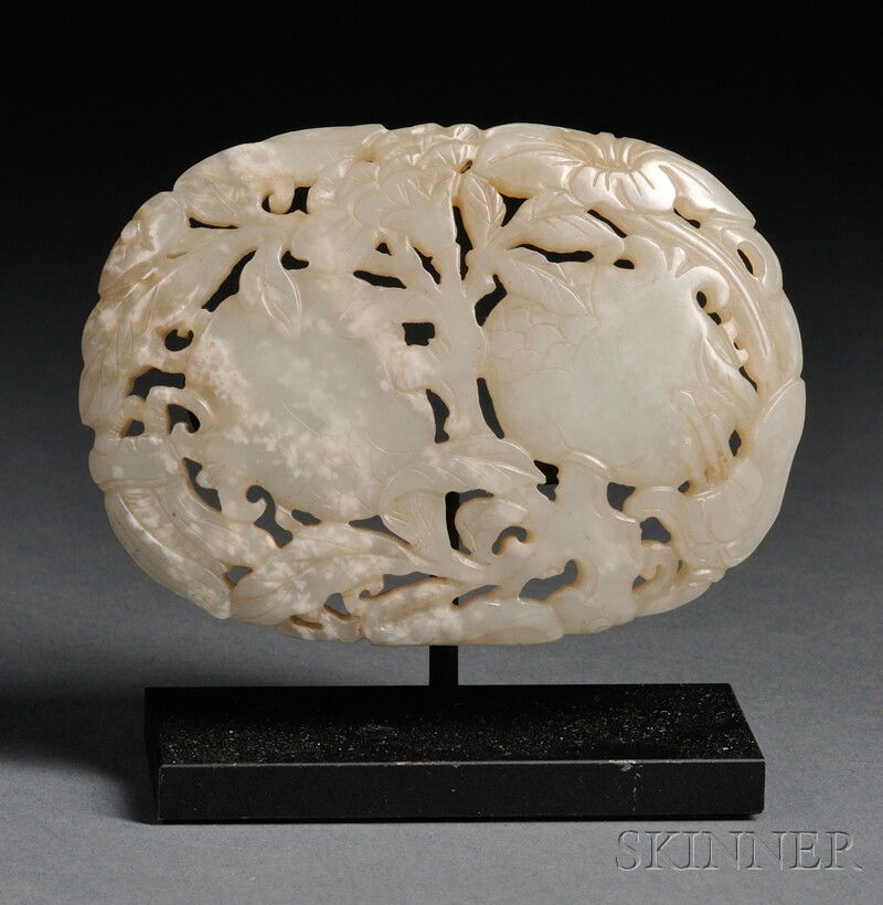 Jade Plaque, China, 19th century, the ovoid plaque: Jade Plaque, China, 19th century, the ovoid plaque carved in openwork with two peaches amidst leafy sprigs, the stone of gray-white color, display stand, 3 1/8 x 2 1/4 in.