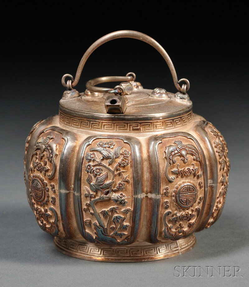 Silver Wine Pot and Warmer, China, of octagonal sh: Silver Wine Pot and Warmer, China, of octagonal shape with alternating lozenges decorated with flowers and birds, and bats with shou characters, mark to base, ht. 3 in.