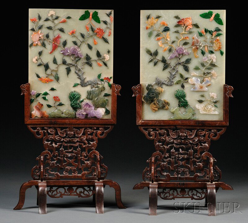Two Table Screens, China, soapstone plaques with a: Two Table Screens, China, soapstone plaques with applied hardstone flowers, rocks, and birds, with carved wood stands, ht. 20 3/4 in.