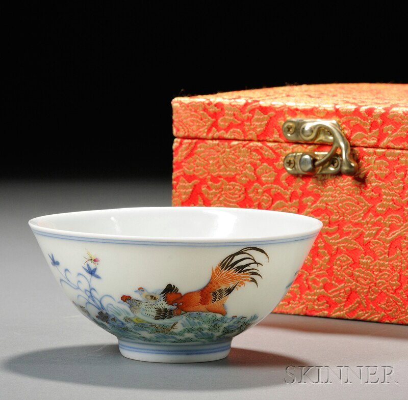 Porcelain Ducai Bowl, China, decorated with hen an: in good condition Porcelain Ducai Bowl, China, decorated with hen and chicks with rocks, flowers, and grasses, Yongzheng six-character mark on base, with box, dia. 4 1/2 in.