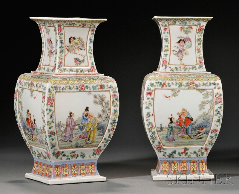 Pair of Square Vases, China, 19th century, Qianlon: Pair of Square Vases, China, 19th century, Qianlong mark on base, ht. 15 in.