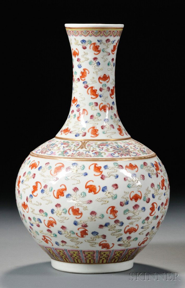 Famille Rose Vase, China, overall decoration of o: Famille Rose Vase, China, overall decoration of orange-red bats with ruyi clouds, the shoulder with a band of scrolling lotus and tendrils, and lappet and lingzhi bands, Guangxu six-character mark on 