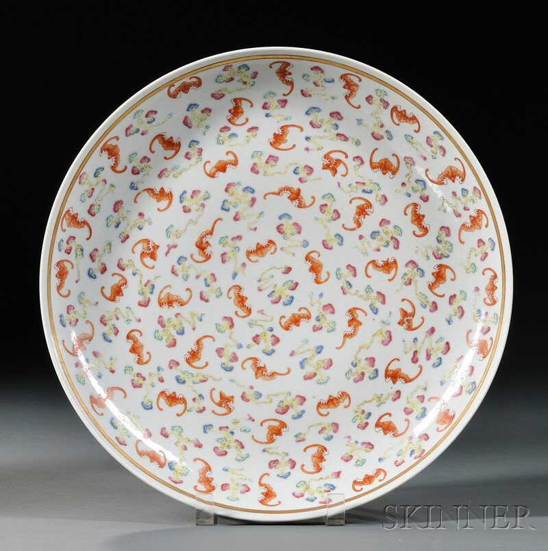 Porcelain Charger, Kuang Hsu mark (1873-1908) and: Porcelain Charger, Kuang Hsu mark (1873-1908) and probably of the period, designs of bats and clouds, dia. 14 in.