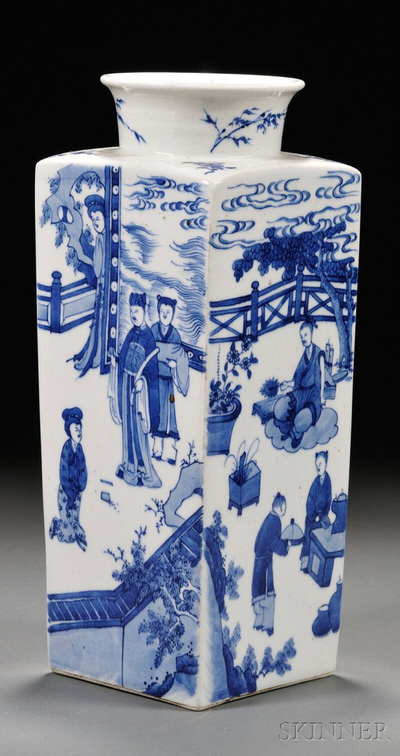 Blue and White Vase, China, 19th century, square : Blue and White Vase, China, 19th century, square form decorated with scholars and attendants, (small chip at base), ht. 13 1/4 in.