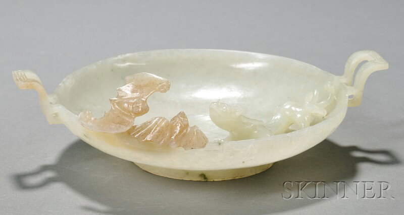 Jade Dish, China, interior carved with high relie: Jade Dish, China, interior carved with high relief chilong, two bats carved on rim, reverse S-curve handles, dia. 6 3/4 in.