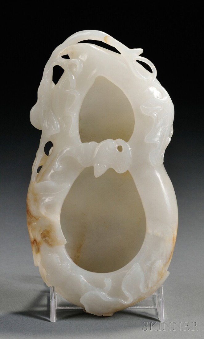 Jade Inkwell, China, double-gourd shape with reli: Jade Inkwell, China, double-gourd shape with relief carving of leaves and bats, the stone of semi-translucent white color with slight russet markings, lg. 6 in.