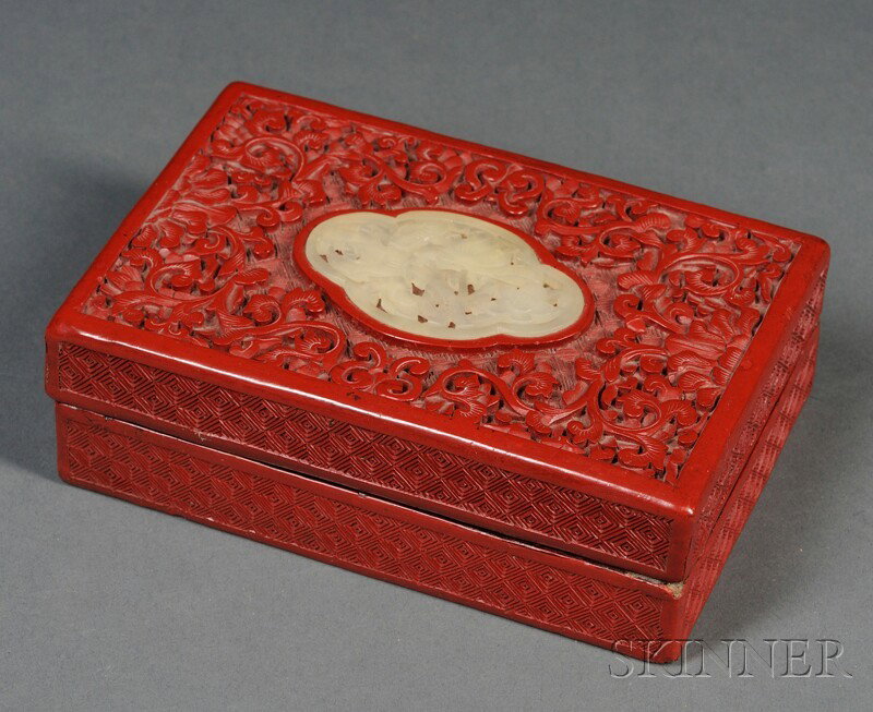 Cinnabar Box, China, inlaid with soapstone plaque: Cinnabar Box, China, inlaid with soapstone plaque, lg. 5 1/2 in.