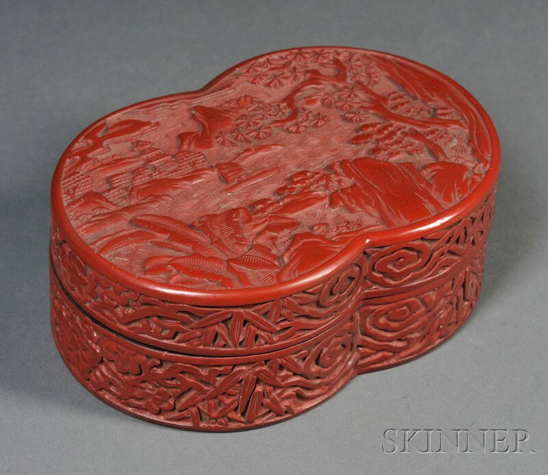 Cinnabar Box, China, double-lozenge form, decorat: Cinnabar Box, China, double-lozenge form, decorated with a boat on a lake and a pavilion with trees and rocks, Qianlong six-character lacquered mark on base, lg. 6 1/2 in.