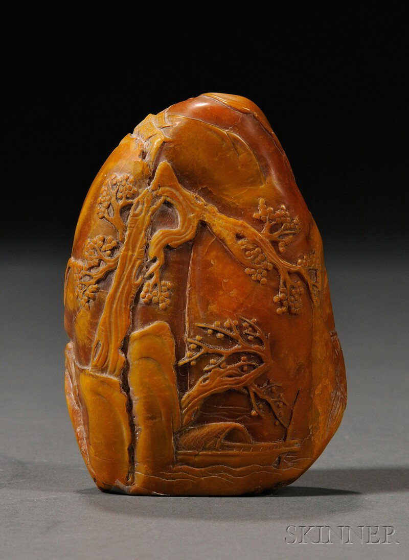 Soapstone Seal, China, the small mountain-shaped : Soapstone Seal, China, the small mountain-shaped seal carved in relief with a scholar and his attendant in a landscape, lg. 3 1/4 in.