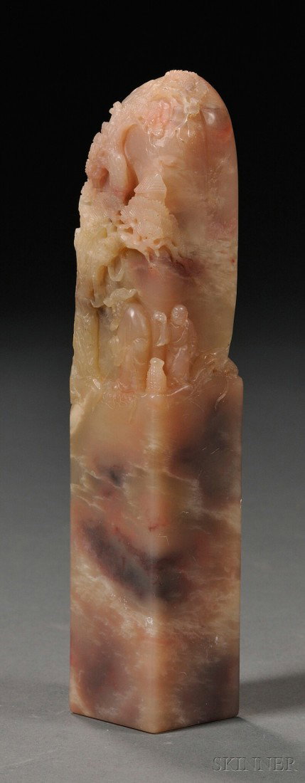 Soapstone Seal, China, the top of the rectangular: Soapstone Seal, China, the top of the rectangular seal finely carved in relief with a scholar and his attendant under a pine tree in a mountainous landscape, uncarved seal surface, lg. 6 5/8 in.