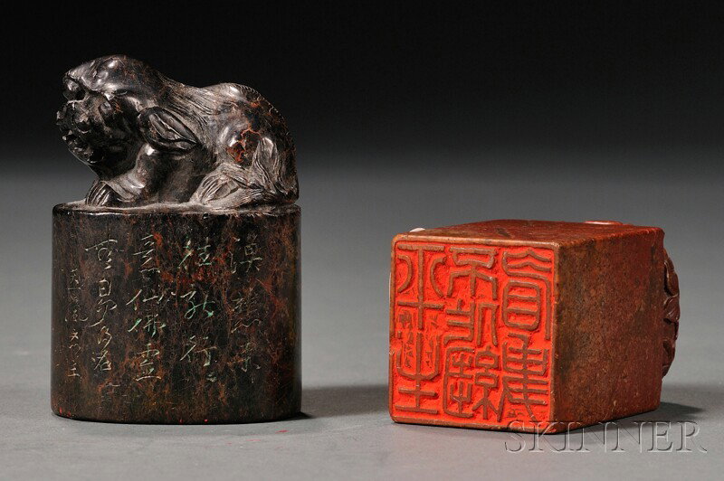 Two Soapstone Seals, China, a foo dog with incise: Two Soapstone Seals, China, a foo dog with incised calligraphy, the other with chilong and scrolling vines, lg. 3 in.