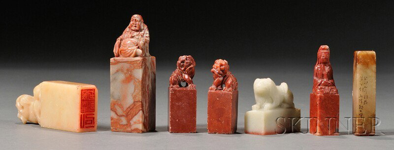 Seven Soapstone Seals, China, depicting a Buddha,: Seven Soapstone Seals, China, depicting a Buddha, Kuan Yin, three lions, a foo dog, and calligraphy, ht. up to 4 in.
