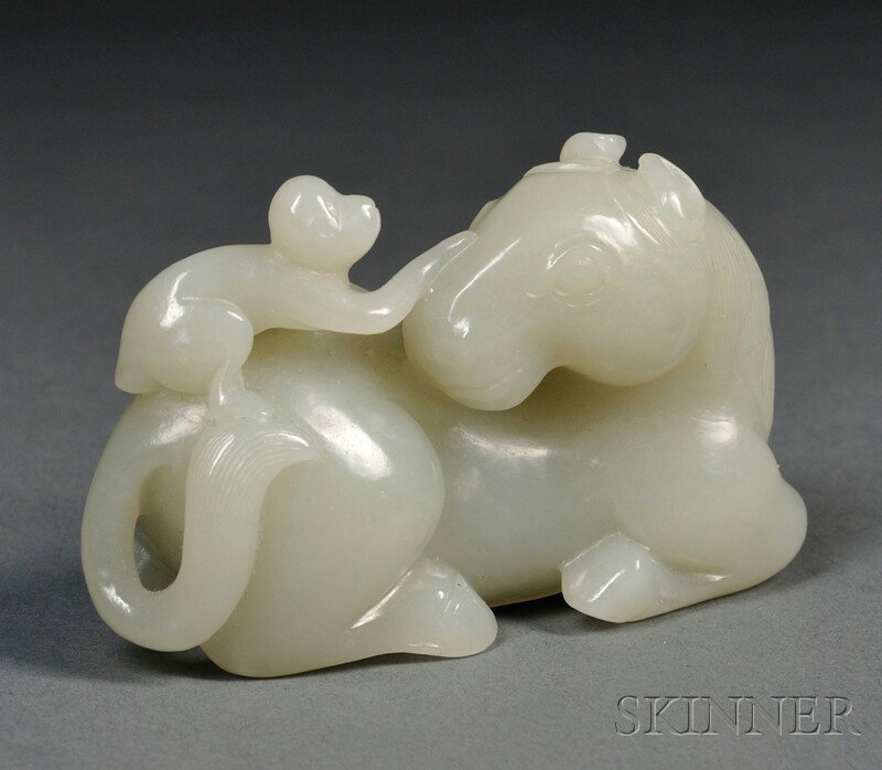 Jade Carving, China, depicting a monkey on the ba: Jade Carving, China, depicting a monkey on the back of a recumbent horse, implying the rebus "Ma shang feng hou" (may you be promoted soon), the stone of pale celadon color, lg. 3 in.