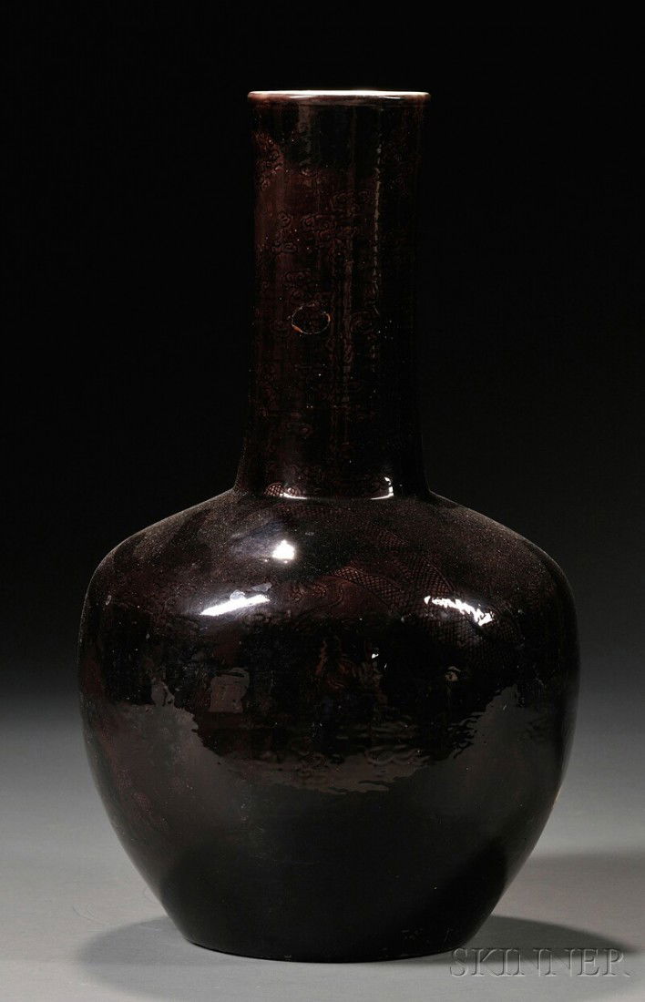 Aubergine Vase, China, bottle form with long slen: Aubergine Vase, China, bottle form with long slender neck, gilt painting of dragons and clouds, ht. 16 3/4 in.