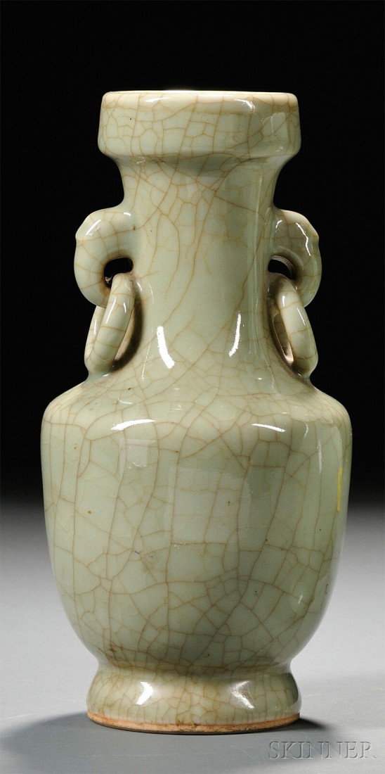 Celadon Vase, China, baluster form with incised l: Celadon Vase, China, baluster form with incised lotus and dragon and ring ears, Qianlong mark on base, (loss), ht. 9 1/4 in.