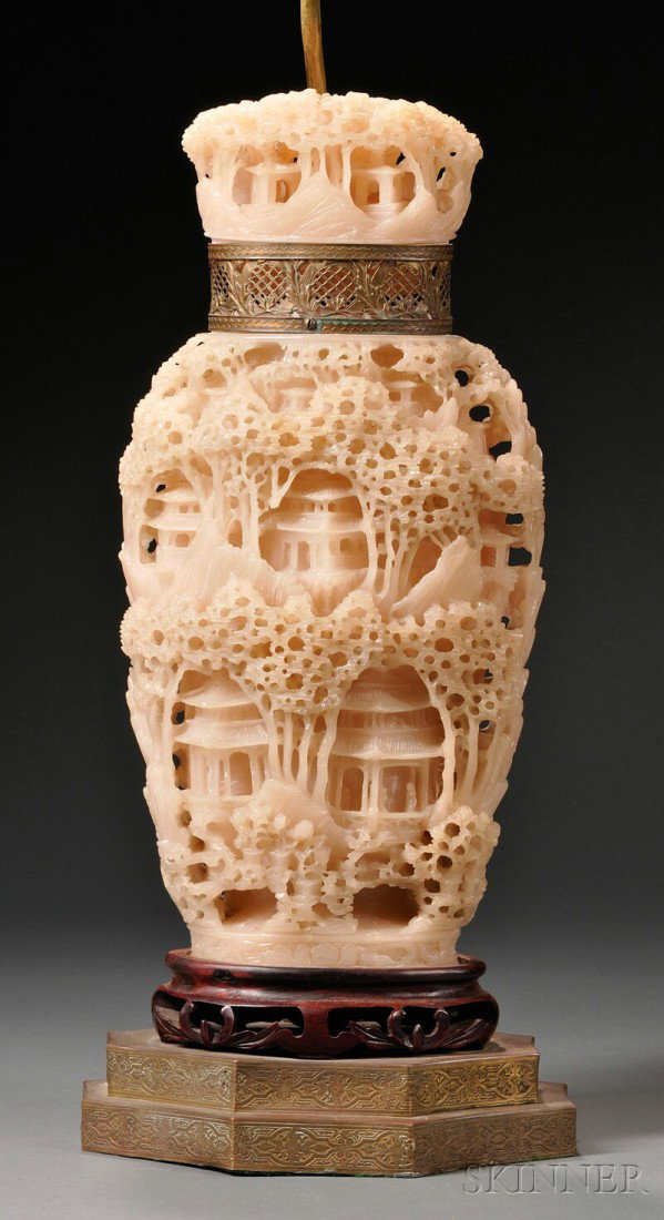 Soapstone Covered Jar Lamp, China, carved in high: Soapstone Covered Jar Lamp, China, carved in high relief with pavilions and pine trees, pink stone, ht. 43 in.