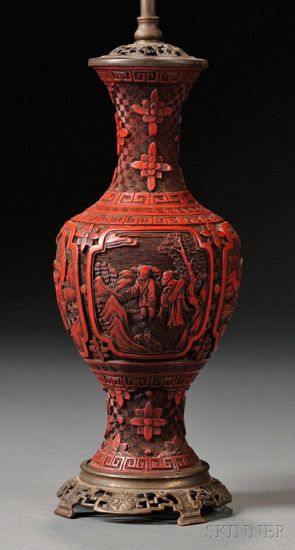 Cinnabar Lamp, China, baluster shape, decorated w: Cinnabar Lamp, China, baluster shape, decorated with lotus and tendrils and figural reserves, ht. 20 in.