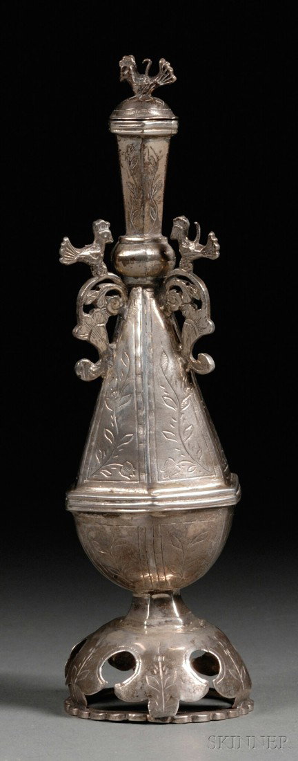 Tunisian Silver Rosewater Bottle, tapered hexagona: Tunisian Silver Rosewater Bottle, tapered hexagonal bottle form, stopper with bird-form finial, mounted with two scroll and bird handles, on domed foot reticulated with trefoils, with vine engraving t