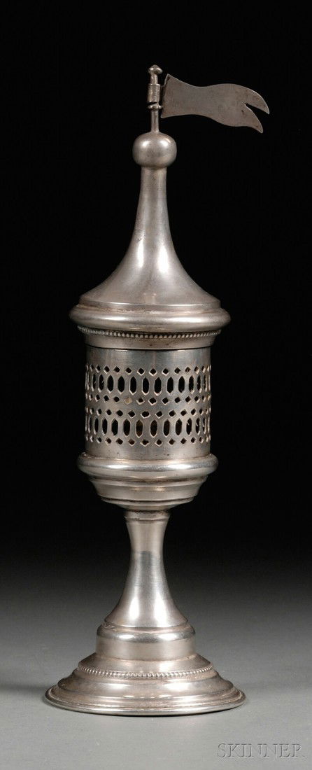 Polish .800 Silver Tower-form Besamim Box Spice Co: Polish .800 Silver Tower-form Besamim Box Spice Container, with cylindrical reticulated body, lid formed as a turret with a gold-washed pennant, on flaring stem and beaded trumpet foot, ht. 8 1/4 in.,