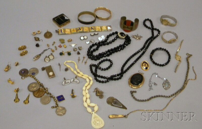 Group of Antique, Vintage, and Gentleman's Jewelr: Group of Antique, Vintage, and Gentleman's Jewelry, including an Asian ivory and enamel bracelet, cuff links, wristwatches, cuff bracelets, beaded necklaces, and a small enamel compact.