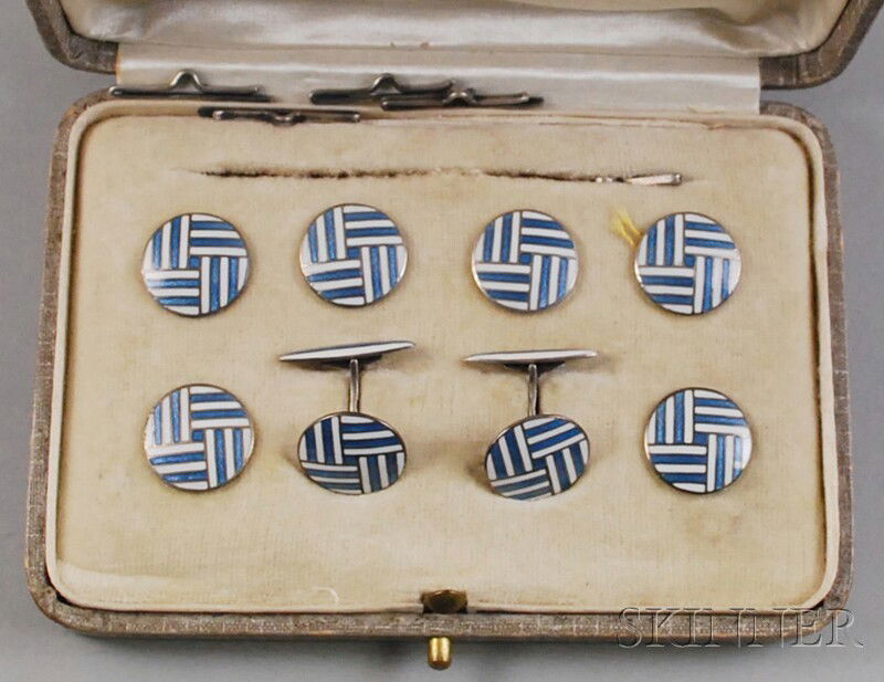 Gentleman's French .900 Silver and Enamel Dress Se: Gentleman's French .900 Silver and Enamel Dress Set, in original box.