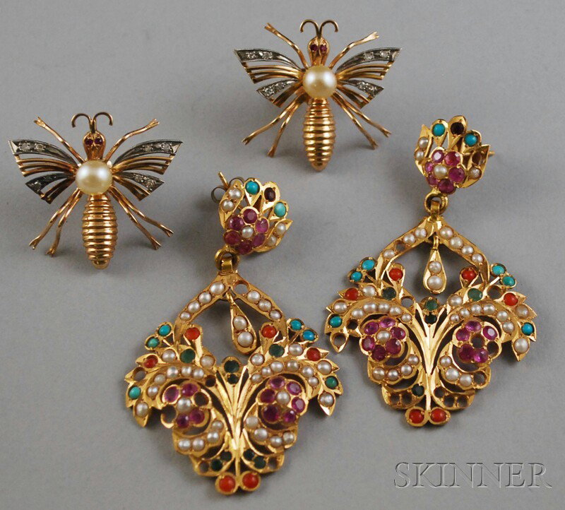 Two Pairs of Gold Gem-set Earrings, a pair of high: Two Pairs of Gold Gem-set Earrings, a pair of high-karat gold earpendants, likely India, set with ruby, emerald, seed pearl, turquoise, and carnelian (missing a number of stones), and a pair of 18kt g