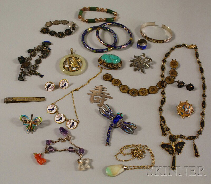 Small Group of Asian Jewelry, including a pair of : Small Group of Asian Jewelry, including a pair of enamel bangles, a sterling silver cuff, an articulated enamel dragonfly brooch, a gilt silver, enamel, and turquoise pendant, and a shakudo necklace, 
