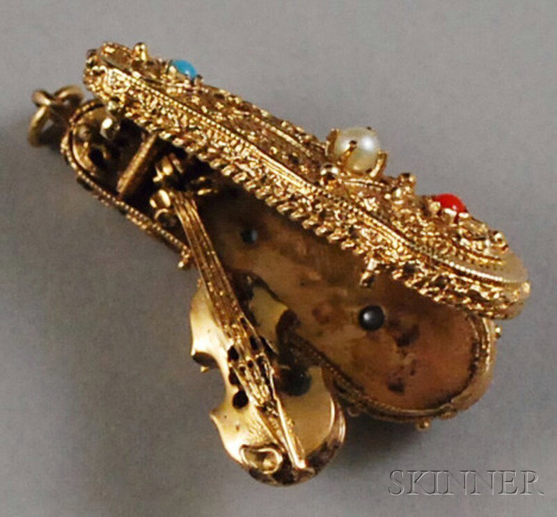 14kt Gold Violin Pendant in Gem-set Case, case set: 14kt Gold Violin Pendant in Gem-set Case, case set with pearl, turquoise, and carnelian, total 6.0 dwt, case lg. 1 1/4 in.