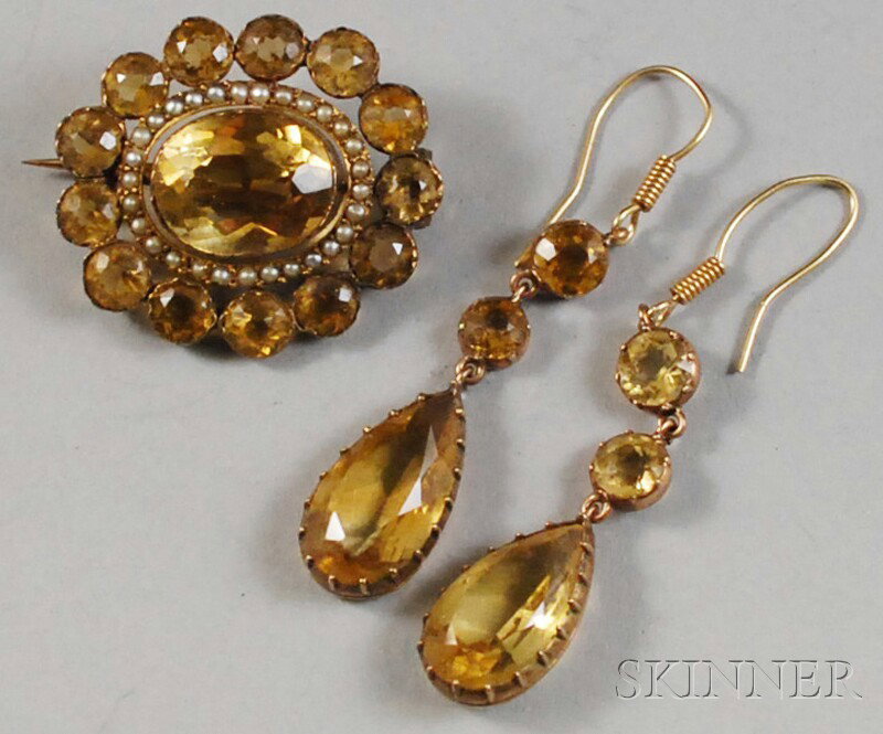 Low-karat Gold and Yellow Paste Suite, a brooch wi: Low-karat Gold and Yellow Paste Suite, a brooch with seed pearl accents and a pair of earpendants.