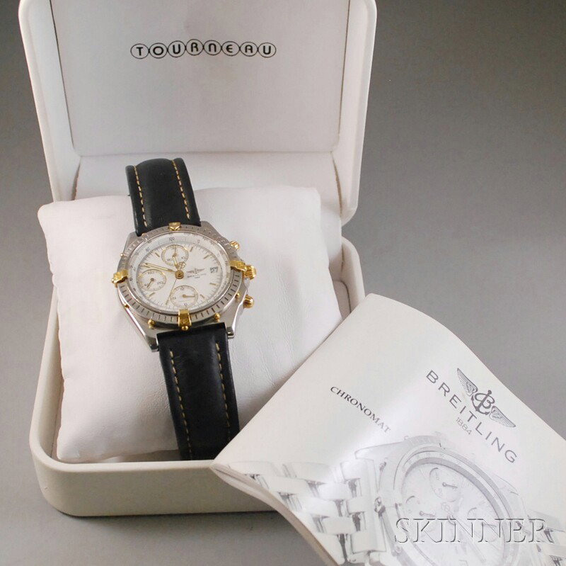 Gentleman's Stainless Steel "Chronomat" Wristwatch: Gentleman's Stainless Steel "Chronomat" Wristwatch, Breitling, the white dial with baton numeral indicators, three subsidiary dials, and date aperture, on original leather band, with booklet, in a Tou