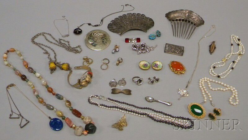 Small Group of Mostly Sterling Silver and Costume: Small Group of Mostly Sterling Silver and Costume Jewelry, including hair ornaments, a large Mexican sterling silver and abalone brooch, a Beau Sterling brooch, a hardstone beaded necklace, an antique