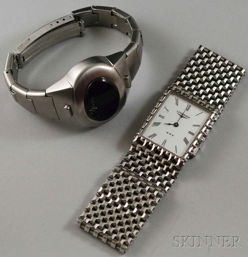 Two Stainless Steel Wristwatches, a digital Pulsar: Two Stainless Steel Wristwatches, a digital Pulsar, retailed by Tiffany & Co., interior cir. 5 1/4, and a Longines, enclosing a quartz movement, lg. 6 1/2 in.