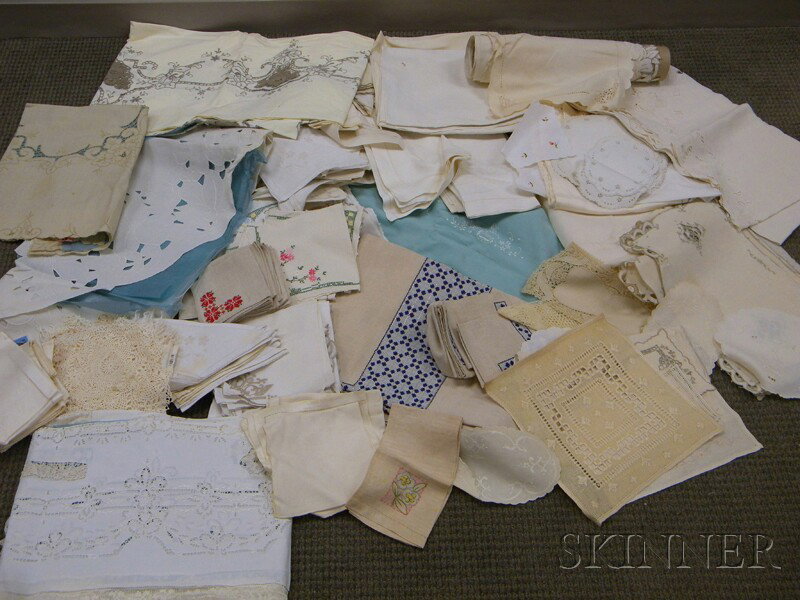 Large Group of Linens, three boxes, including tabl: Large Group of Linens, three boxes, including tablecloths, Belgian lace, bed linens, and embroidery.