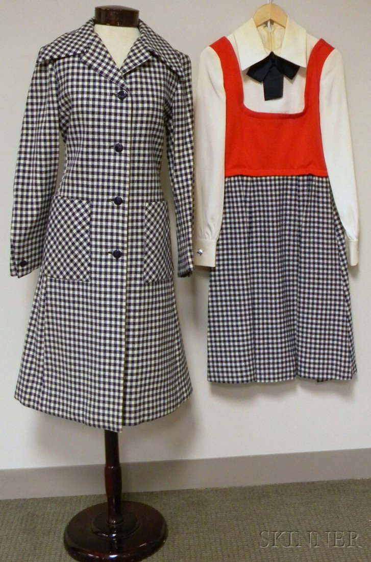 Two Geoffrey Beene Items, a blue and white checked: Two Geoffrey Beene Items, a blue and white checked wool coat and a matching dress with checked wool skirt, orange vest, and Peter Pan collar.