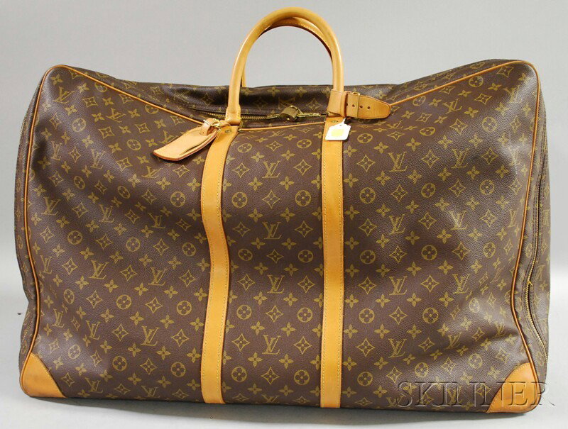 Large Louis Vuitton Monogram Soft-sided Suitcase, : Large Louis Vuitton Monogram Soft-sided Suitcase, logo stamped on the zipper and luggage tag, leather handles and strapping, ht. 19, wd. 27, dp. approx. 9 in.