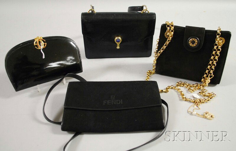 Four Small Black Evening Bags, a Gucci purse with: Four Small Black Evening Bags, a Gucci purse with gold-tone and lapis clasp, a patent leather Gucci clutch, a suede Fendi, and a suede Tiffany & Co. with gold-tone chain.