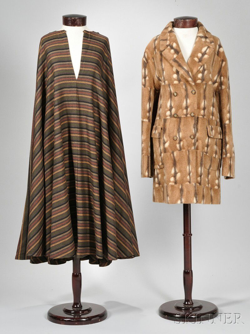 Two Salvatore Ferragamo Lady's Outerwear Items, a: Two Salvatore Ferragamo Lady's Outerwear Items, a striped wool poncho and a patterned mohair, angora, and wool coat, coat size 14.