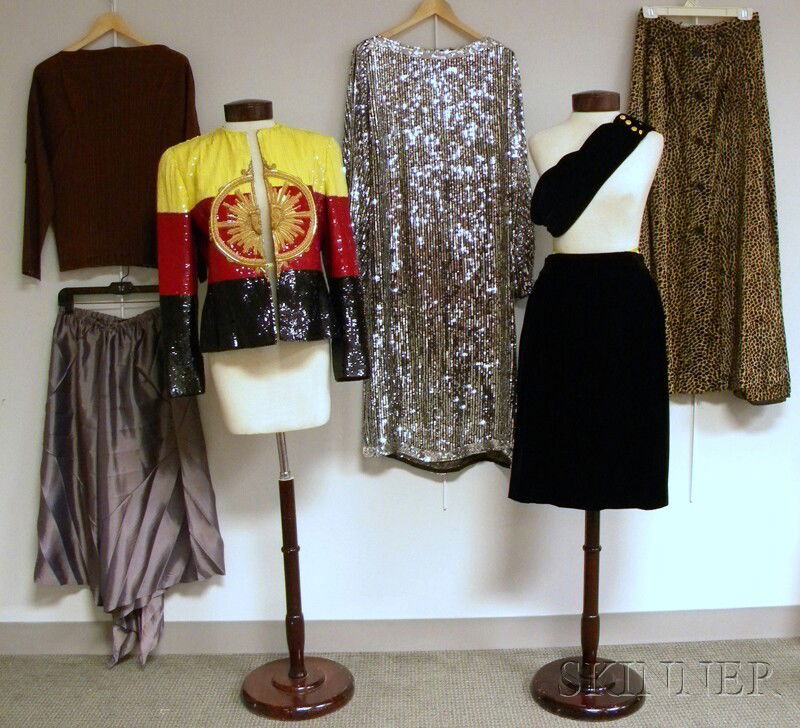 Assorted Group of Lady's Clothing, a Bill Blass se: Assorted Group of Lady's Clothing, a Bill Blass sequined jacked, a Bonwit Teller silver sequined dress, an Issey Miyake two-piece ensemble of pleated brown top and metallic skirt, a short black velvet