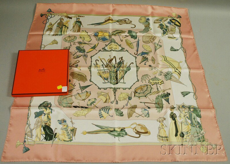 Silk Scarf, Herm?s, "Umbrelles et Parapluies," 35 : Silk Scarf, Herm?s, "Umbrelles et Parapluies," 35 x 35 in., boxed.