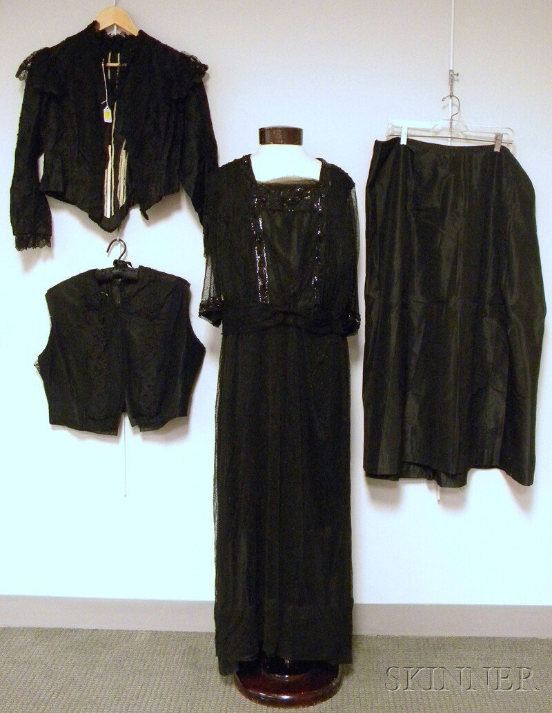 Group of Late 19th/Early 20th Century Lady's Cloth: Group of Late 19th/Early 20th Century Lady's Clothing, a lace and sequin dress with black silk slip, a Victorian lace mourning jacket and silk skirt, and a vest.