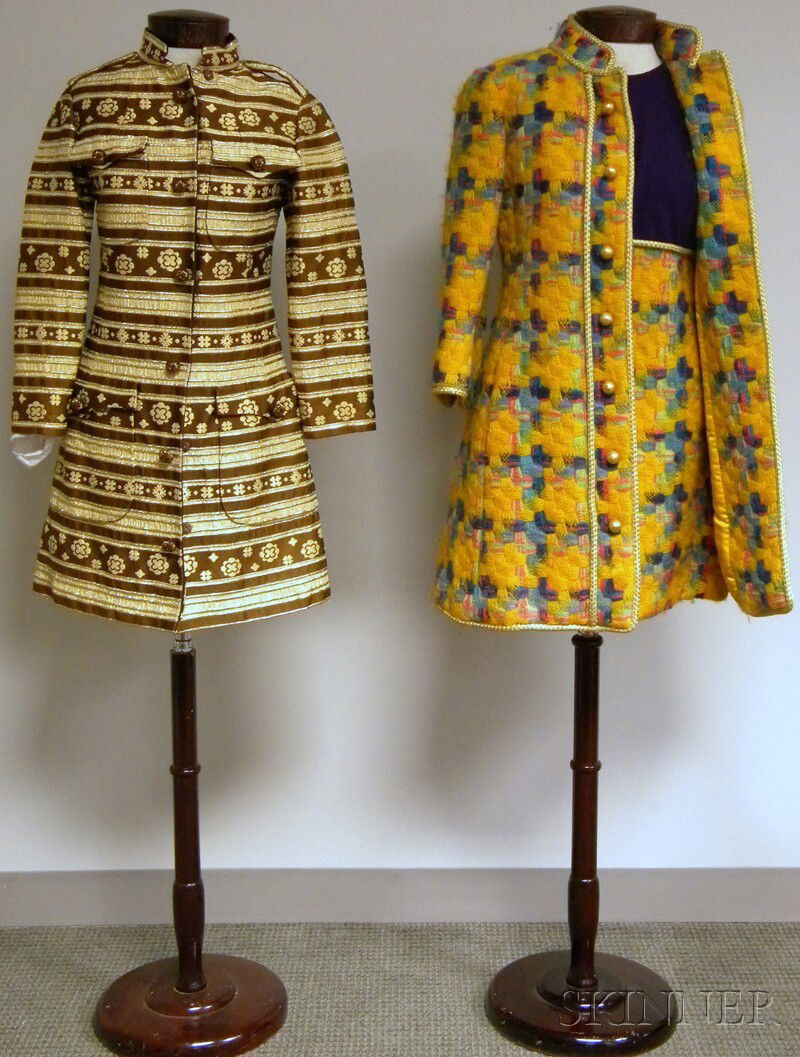 Three Vintage Bill Blass for Maurice Rentner Lady': Three Vintage Bill Blass for Maurice Rentner Lady's Garments, a multicolored wool coat and matching sheath dress, retailed by Saks Fifth Avenue, size 10, and a gold and brown embroidered coatdress, si