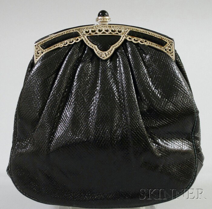 Vintage Judith Leiber Black Karung Skin Purse, lab: Vintage Judith Leiber Black Karung Skin Purse, labeled, with white metal and rhinestone embellishment (missing several stones, lacking chain strap), wd. 7 1/2, ht. 7 1/4 in. not including clasp.