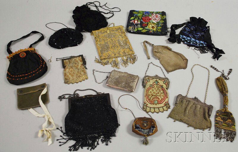 Group of Antique Lady's Purses, including a black: Group of Antique Lady's Purses, including a black silk and coral, a polychrome metal mesh Art Deco Whiting & Davis, beaded, embroidered, and metal.